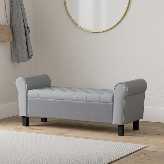 Babion Storage Bench for Bedroom End of Bed, Button Tufted Storage Ottoman Bench 51 Inch, End of Bed Storage Bench with Upholstered, Rolled Arm Window Bench Seat with Solid Wood Legs, Dark Grey