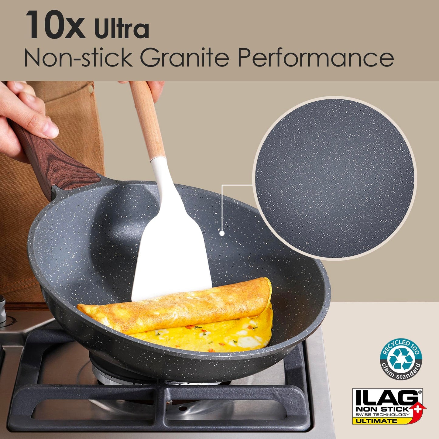 SENSARTE Nonstick Granite Cookware Set, 23 PCS Pots and Pans Non Toxic, PFOA & PFOS Free, Healthy Non Stick Granite Stone Coating Kitchen Cooking Set with Stay-Cool Handles, Gray
