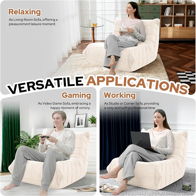 HABUTWAY Bean Bag Chairs Fireside Lazy Floor Sofa, Soft Teddy Fleece Bean Bag Sofa with High-Resilience Foam Filling，Beanbag for Living Room, Bedroom, Office (Beige Teddy)