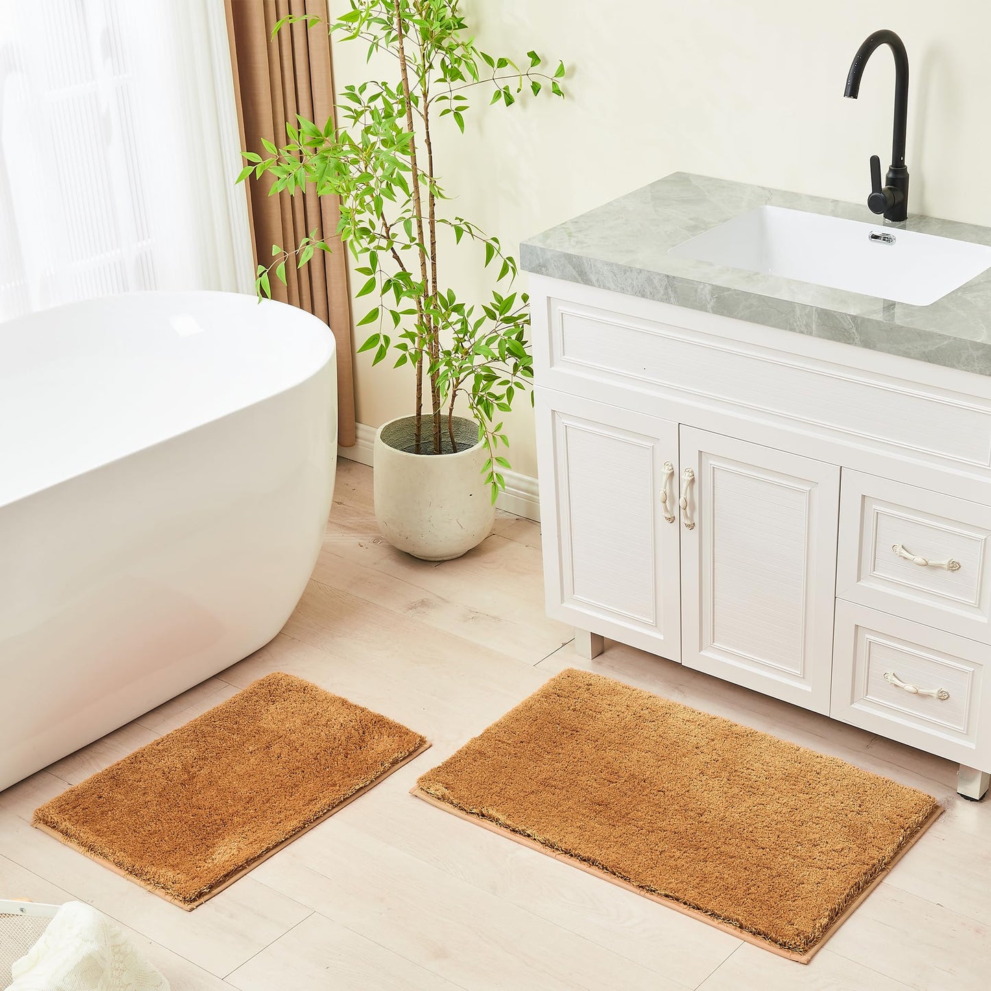 CozeCube Upgraded Shaggy Bath mat for Bathroom Non Slip 15.7" X 23.6", Super Soft Quick Dry Bath Rugs, Fluffy Plush Bathroom Rugs Machine Washable, Light Brown