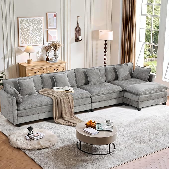 SoarFlash 149.61" Chenille Sectional Sofa, Comfy L Shaped Modular Coush Sofa with Ottoman, Modern 4 Seat Couch Deep Seat Sofa Set for Living Room,Grey