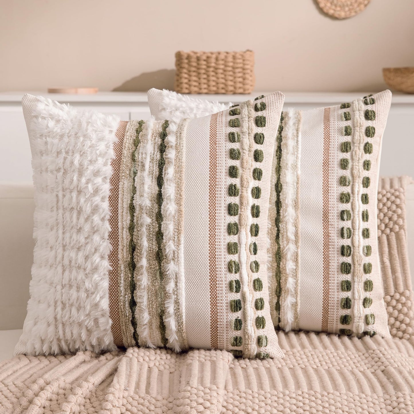 KOOLIFE Boho Chenille Tufted Couch Throw Pillow Covers 18x18 Inch Set of 2 Farmhouse Striped Decorative Pillow Covers Accent Neutral Square Pillowcase Green Cushion Covers for Livingroom Sofa Bed