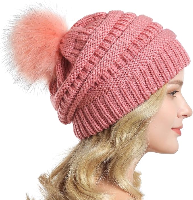 QUEENFUR Women Knit Slouchy Beanie Chunky Baggy Hat with Faux Fur Pompom Winter Soft Warm Ski Cap