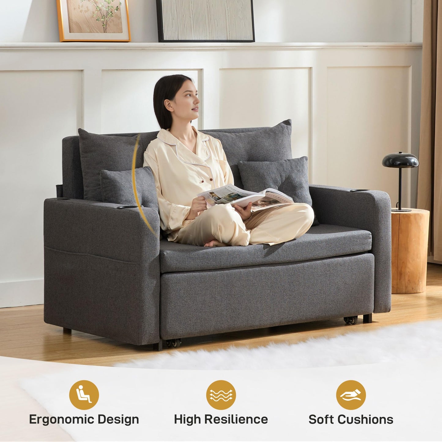 Busaurus 3 in 1 Convertible Sofa Bed, 56" Full Size Loveseat Sleeper Sofa Couch Bed, Sleeper Sofa Bed with Storage Pocket, USB, Comfy Pull Out Sofa Bed for Living Room, Bedroom, Small Space, Dark Grey