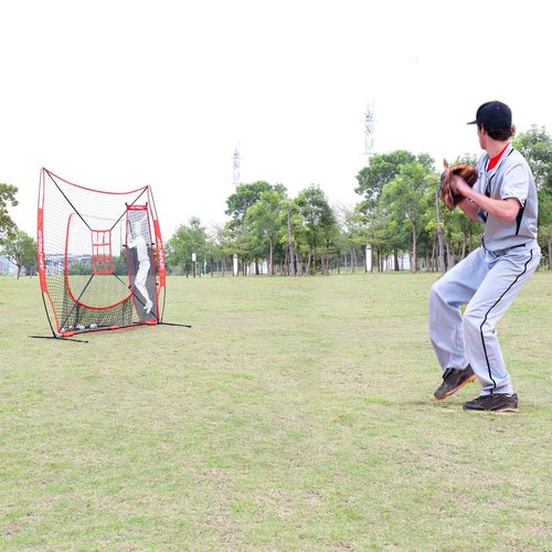 AOLIGEIJS 7'X7' Baseball Softball Practice Net with Tee, Bonus Strike Zone, Bow Frame - Red Net, Tee, Batter Dummy