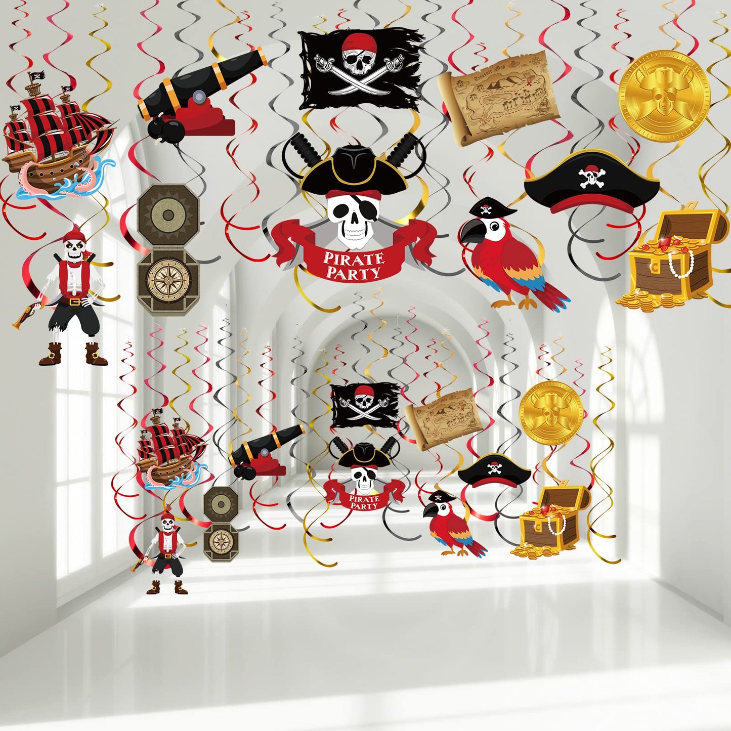 Censen 52 Pcs Pirate Party Hanging Swirls Decor Pirate Theme Ceiling Wall Spiral Streamer Pirate Captain Hat Skull Parrot Treasures Ceiling Hanging Swirl for Pirate Nautical Caribbean Birthday Party