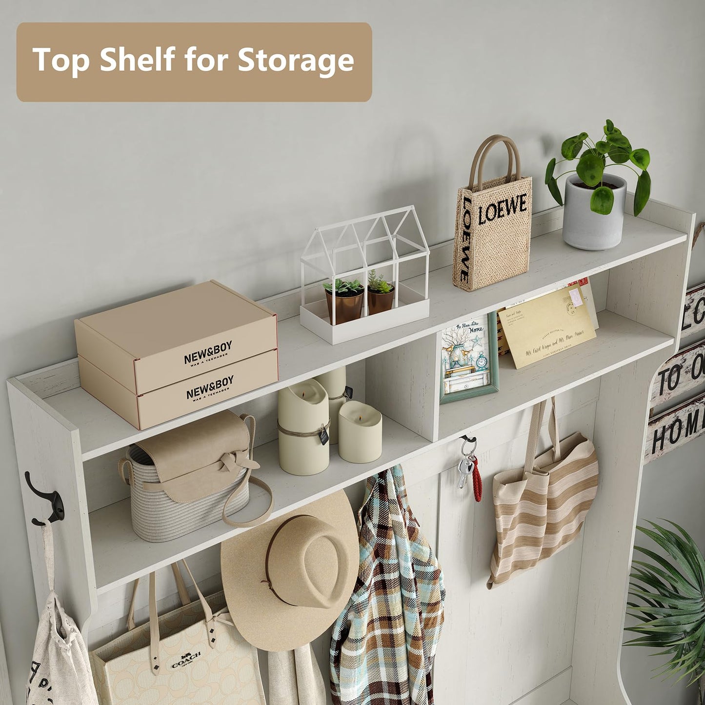 Furnihold 51.3'' Hall Tree, Off White Entryway Bench with Coat Rack, 10 Shoe Storage & 7 Coat Hooks & Adjustable Shelf, Glass Door Farmhouse Wooden Style Hall Tree with Shoe Storage Bench