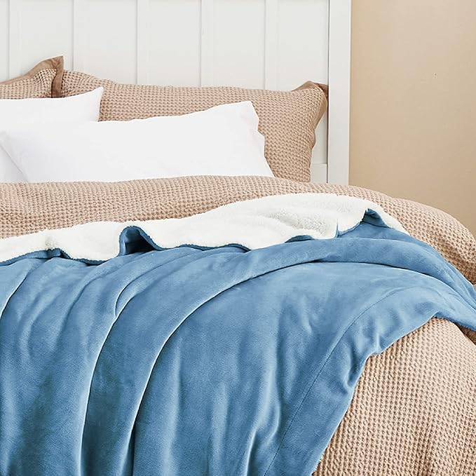 Bedsure GentleSoft Sherpa Fleece Throw Blanket Twin Size for Couch - Thick and Warm Throw for Women and Men, Soft Fuzzy Plush Twin Blanket for Winter, Non-Heated, Washed Blue, 60x80 Inches