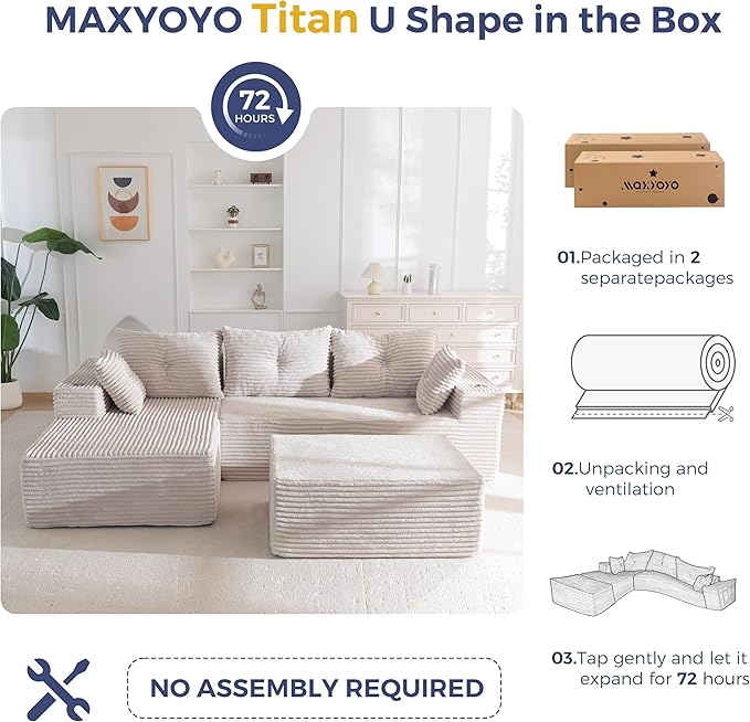 MAXYOYO 104" U-Shaped Modular Sectional Couch, Modern Boneless Couch for Living Room, Sofa in A Box, Oversized Sofa Sleeper with Deep Seat, No Assembly Required, Grayish Beige