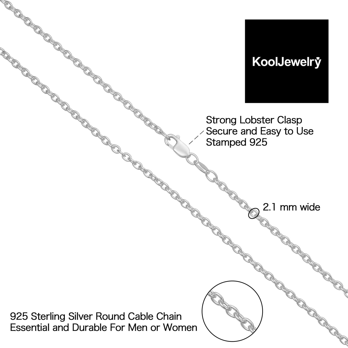 Kooljewelry Sterling Silver Round Cable Chain Necklace (2.1 mm, 24 inch)