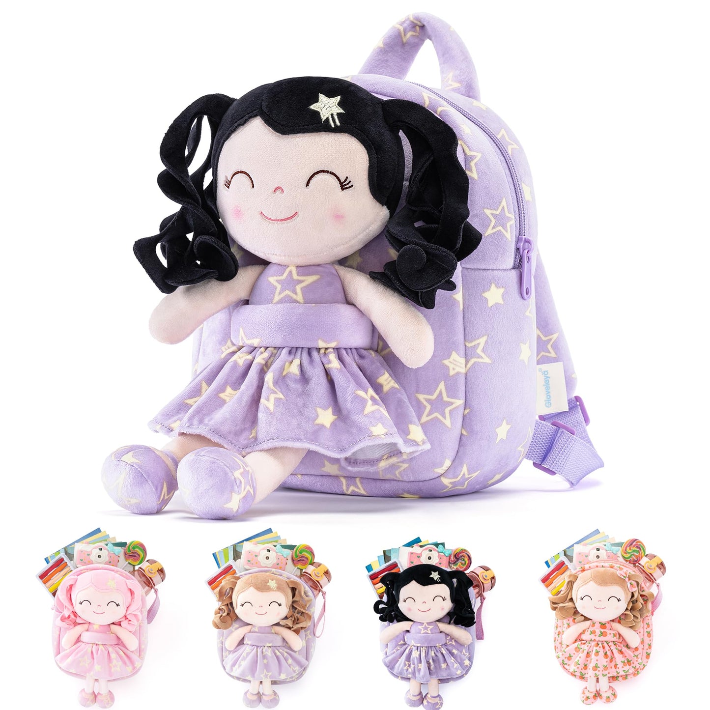 Gloveleya Toddler Backpacks Baby Girl Gifts Curly Hair Plush Figures Dress Backpack Kids Backpack Curly Hair Spring Girl - Black Head Purple Star 9inches