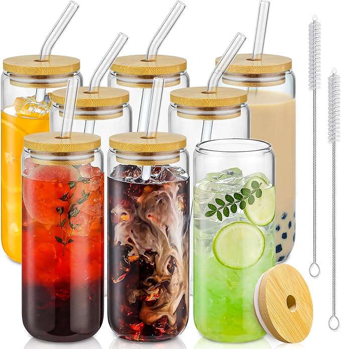 SENTVEND 20 Oz Drinking Glasses with Bamboo Lids and Glass Straw - 8 Pcs Glass Cups Beer Ice Coffee Glasses Cute Aesthetic...