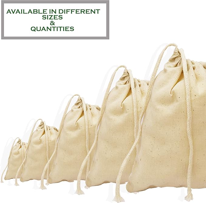 10x12 Inches Natural Cotton Reusable Produce Muslin Bags – Multipurpose Drawstring Storage Pouch for Everyday Use (100)