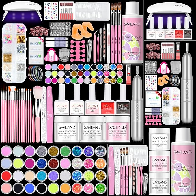 SAVILAND Acrylic Nail Kit with Drill: Professional Acrylic Nail Set for Beginners with Everything U V Light 3 Colors Gel P...