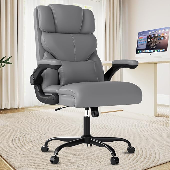 Executive Office Chair with Flip-up Armrests,Ergonomic Computer Desk Chairs,Mid-Tall Back Leather Office Chair 400 Lbs,Lumbar Support Swivel PC Chair with Rocking Function