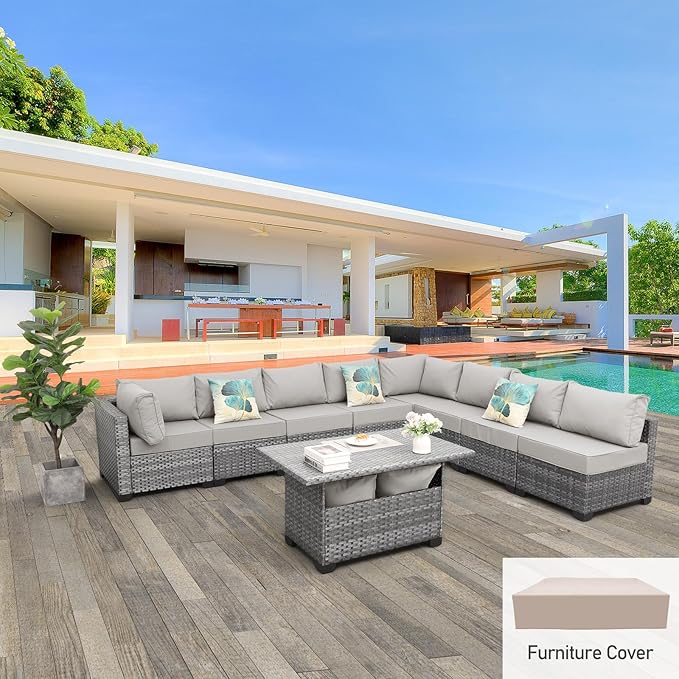 Rattaner 9-Piece Outdoor Sectional Wicker Furniture Set Patio Furniture Conversation Couch Set Large-Size Storage Table with Thicken(5") Anti-Slip Light Grey Cushions Cover