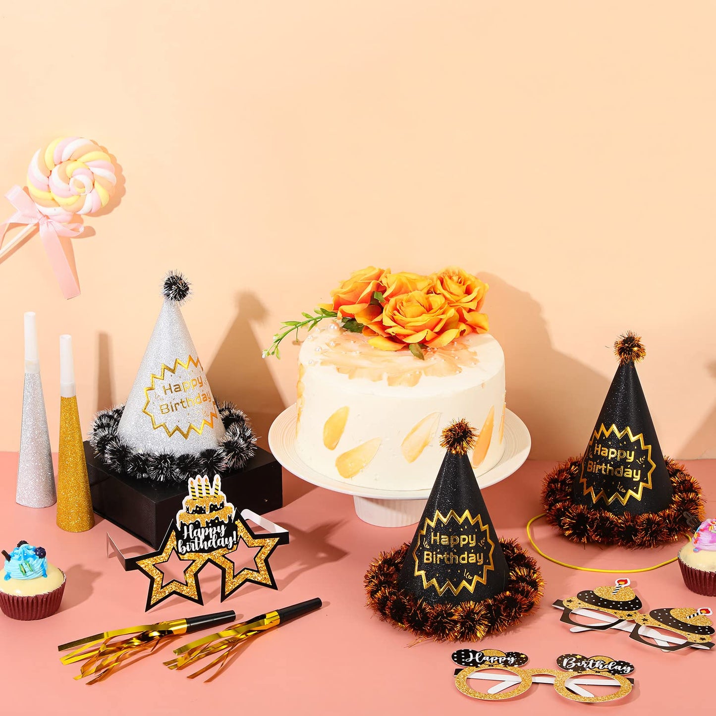 Sratte 36 Pcs Black Gold Style Birthday Party Favors Set Happy Birthday Hat Headband Glasses Noise Makers Party Horns