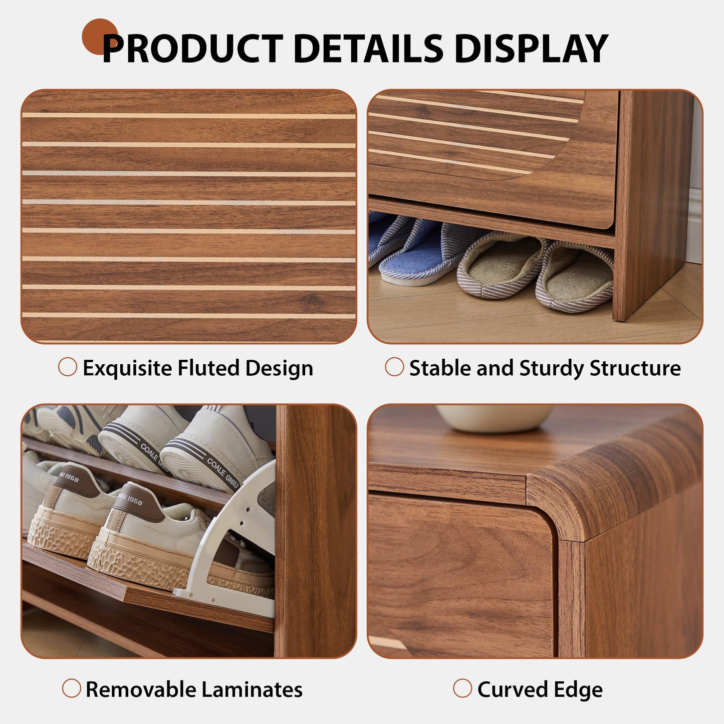RUSTYER Narrow Shoe Storage Cabinet for Entryway with 2 Flip Drawers, Freestanding Wood Shoe Cabinet with Arched Stripe Panel, Curved Edge Shoe Organizer Closed Shoe Rack for Hallway, Foyer (Walnut)