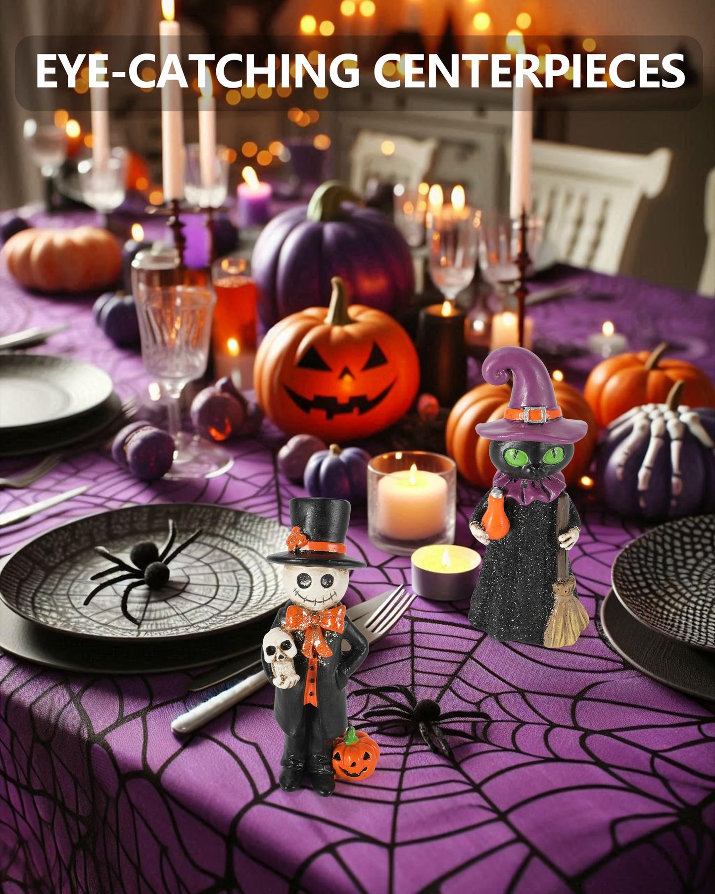 GoGnome Cute Halloween Decor - 2-Pack 4.5'' Resin Skeleton Gentleman and Witch Broom Figurines - Indoor Halloween Decorations for Home Mantle Fireplace Party Gifts (Ghost & Witch)
