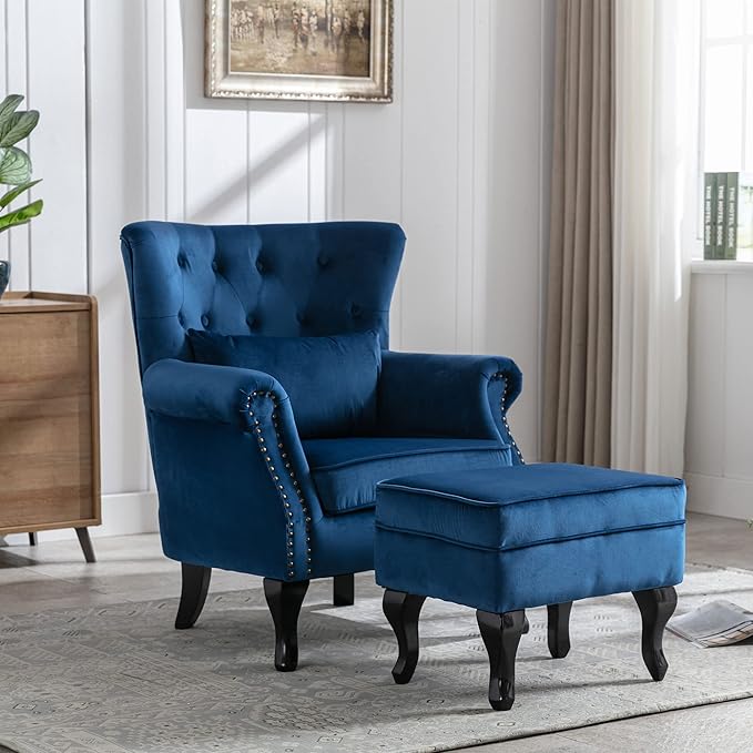 DM Furniture Mid-Century Accent Chair with Ottoman Modern Button Tufted Armchair Wingback Club Chair Velvet Single Sofa Lounge Chair with Pillow for Living Room Bedroom, Blue