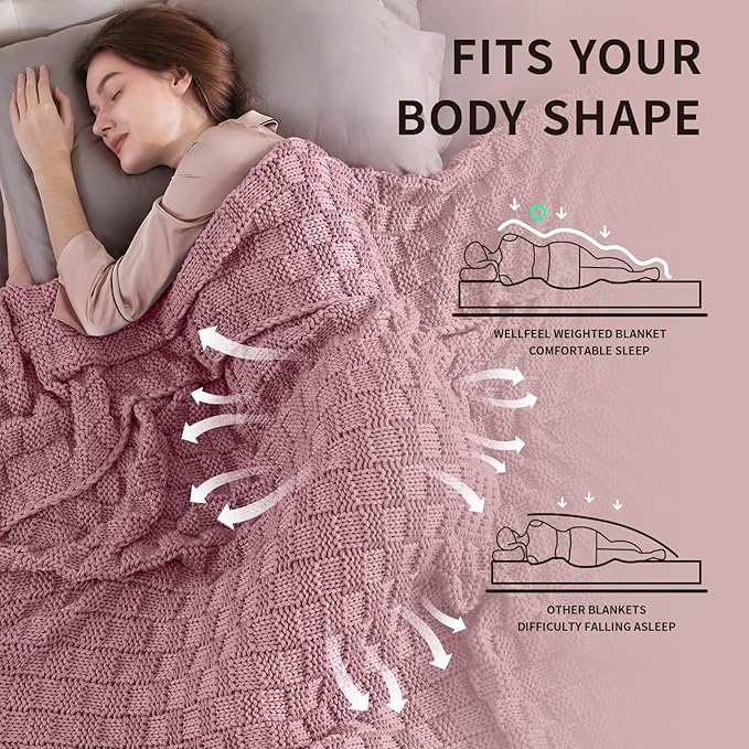Knitted Weighted Blanket for Adults, 20lbs, Breathable Chunky Knit, Cooling for Hot Sleepers, Christmas Home Decor (Pink) 70' x 90''
