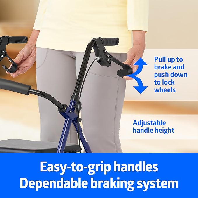 Medline Rollator Walker with Seat, Steel Rolling Walker with 6-inch Wheels Supports up to 350 lbs, Medical Walker, Blue
