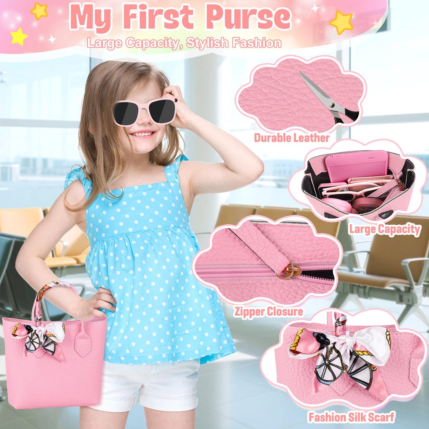 Meaicezli Play Purse for Little Girls, 35PCS Toddler Travel Purse with Handbag, Writing Tablet, Camera, Wallet, Fake Makeup, Girl Toys Includes Phone, Eye Mask, Pretend Play Toys for Girls Ages 3+