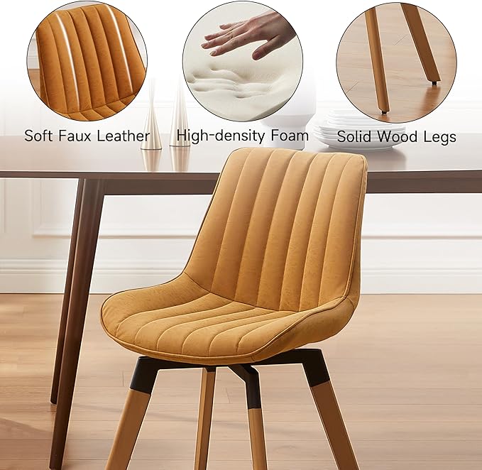 Art Leon Dining Chairs Set of 4, Mid Century Modern Swivel Kitchen Dining Room Chairs, Upholstered Faux Leather Armless Side Chairs with Wood Legs for Living Room Bedroom, Yellow Brown