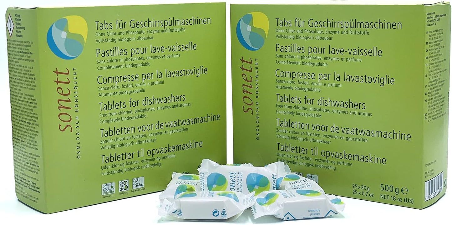 Sonett Organic Dishwasher Tablets 25 Count Deep Clean Dish Tab Fresh Scent 25 tablets x 0.67oz,18 fl.oz/ 500gr (1 Count)