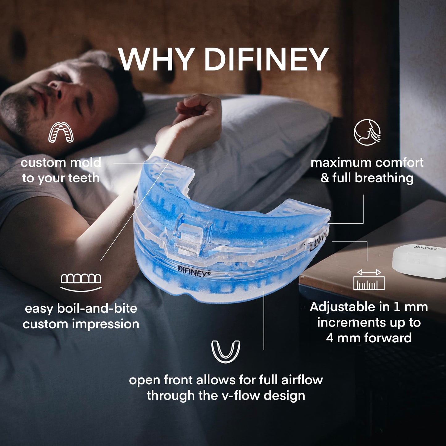 Difiney Anti Snoring Device: FDA-Cleared Snoring Solution – Adjustable Snore Stopper Mouth Guard for Men & Women – Anti Snoring Mouthpiece to Improve Sleep – Reusable Night Use