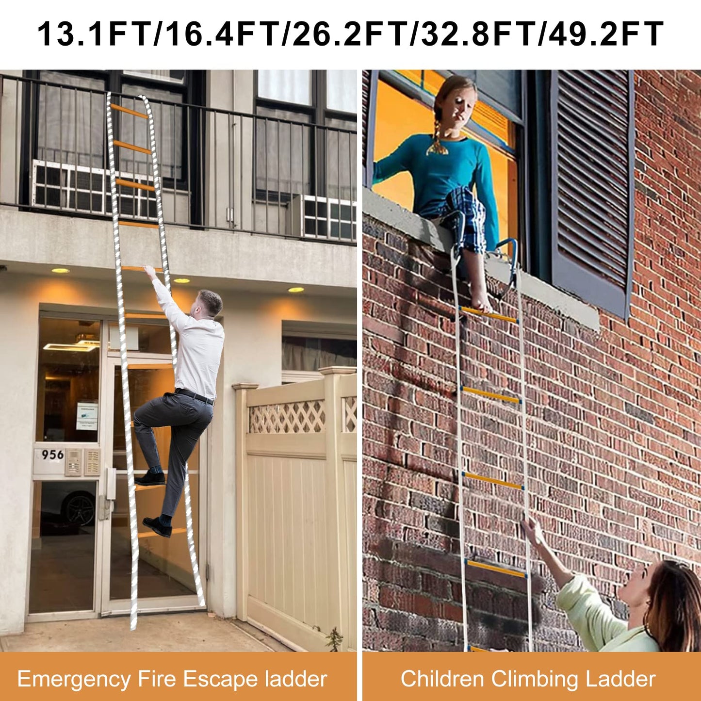 Rope Ladder,49 Feet Emergency Fire Escape Ladders Flame Resistant Safety Rope Ladder with Hooks,Fast to Deploy Sturdy and Strong Portable and Reusable 3 Story,Weight Capacity up to 2000 Pounds