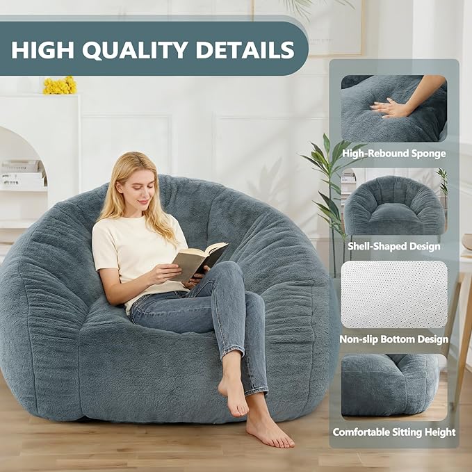 Bean Bag Chair for Adults, Soft Faux Fur Giant Beanbag Chairs, Oversized Cozy Bean Bag Couch Large Reading Chair, Comfy Bean Bag Sofa for Living Room, Bedroom & Dorm, Blue Grey