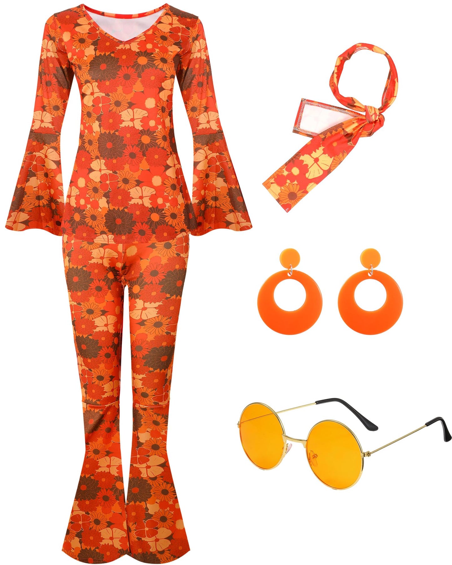 Leumoi 6 Pcs 60s 70s Disco Outfit Women Hippie Costume Accessories Flared Pants Headband Earrings Sunglass(Floral, Small)