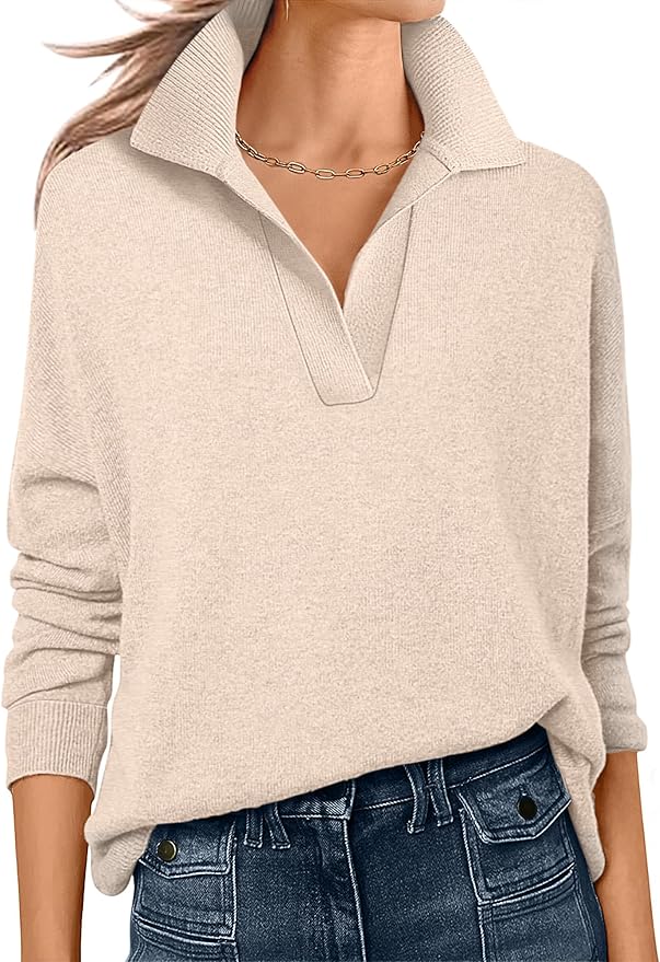 ANRABESS Womens Polo V Neck Long Sleeve Sweaters Lightweight Dressy Casual Business Basic Knit Pullover Top 2025 Fall Outfits