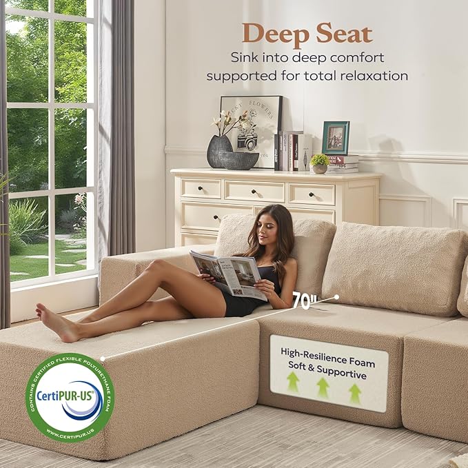 Furnify 106" Modular Sectional Couch Left/Right Facing Convertible, L-Shape Modern Teddy Sofa, Deep Seat Upholstered Foam Couch for Living Room Bedroom, No Assembly Required (Camel, Teddy Boucle)