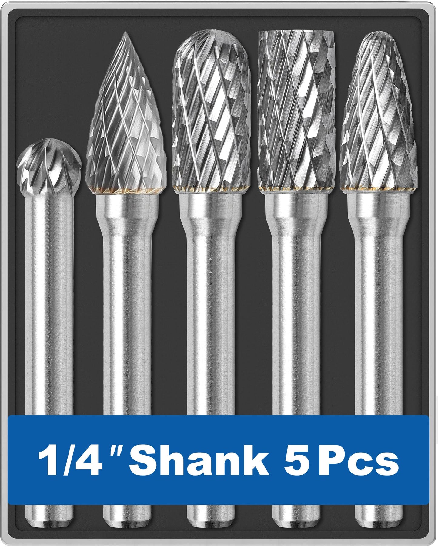 Sworker 5Pcs Carbide Burr Set 1/4 Shank w/Clear Box Head Dia 8mm Die Grinder Bits Rotary Tools Attachment Kit Rasp File Accessories Metal Wood Stone Steel Grinding Deburring Cutting Porting Carving