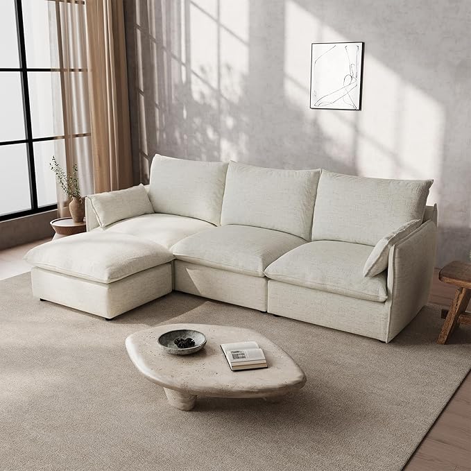 Gtilzria Waterproof Cloud Sectional Couches,High Backrest Down Filled Sofa for Living Room,94.5" Modular Sofas L-Shaped with Ottoman,Detachable Couch Covers,Cream White