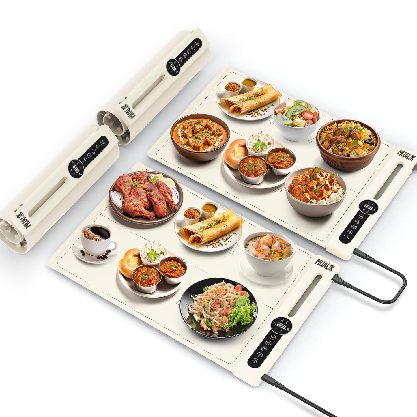 MUALIK Warming Mats for Food Countertop, Roll-UP 2 Pack Fast Heating Tray Silicone with 7 Level Temperature, 2 Zone and 3 Pad Parallel Expandable, Automatic On-Off Timer Setting (beige-2 pcs, wcb2)