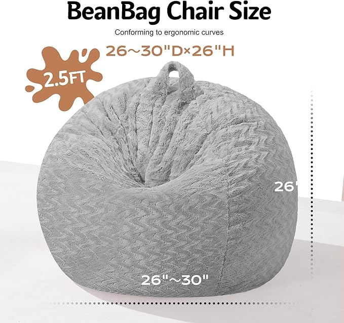 2FT Bean Bag Chair,Giant Bean Bag Chairs for Adults,Big Bean Bags with Memory Foam Filled, Large Beanbag Chairs with Chevron Plush Cover-Light Grey