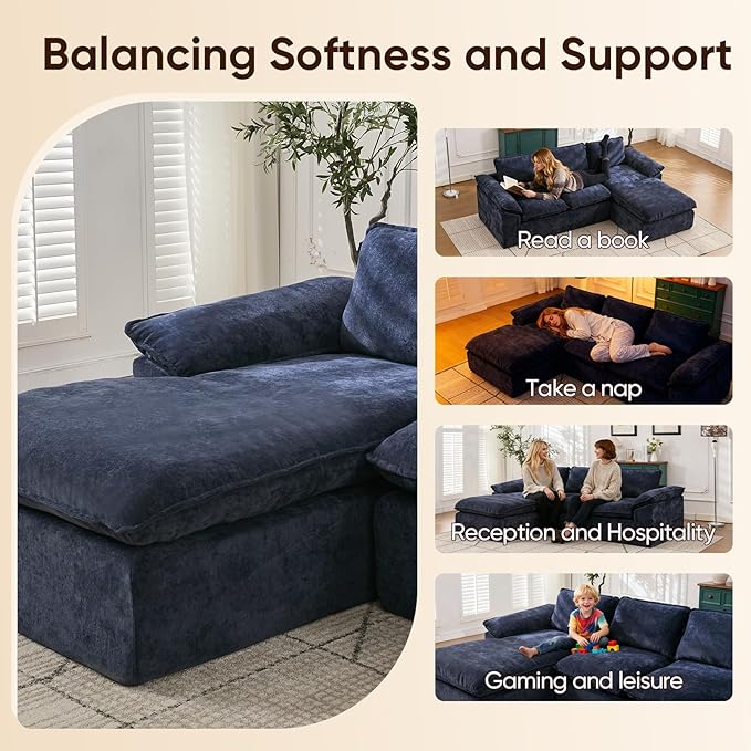 YAAREE 105.6”L Shape Modular Sectional Couch for Living Room, Modern Cloud Sectional 3 Seat Sofa with Oversized Chaise, Woven Texture Upholstery Boneless Couch (Blue, Left Facing Chaise)