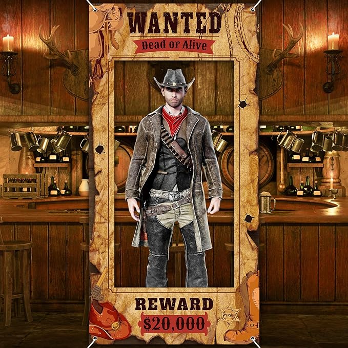 Funrous Wanted Poster Photo Prop Western Photo Booth Prop Large Selfie Frame Poster Fabric Banner Backdrop Wanted Sign for...
