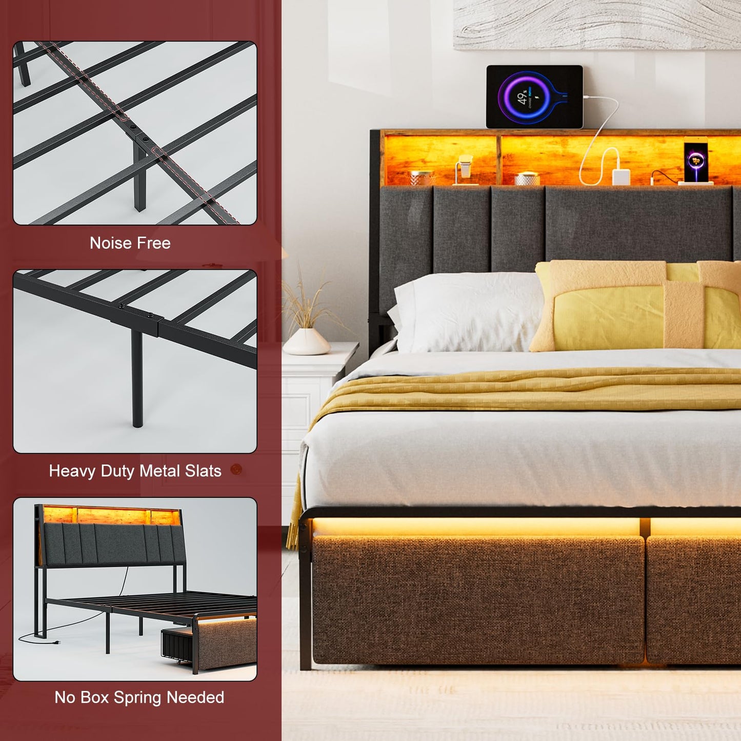 AOVSA Queen Bed Frame with Ergonomic Hidden Storage headboard & Dustproof Drawers, Upholstered Platform Bed with LED Lights and Charging Station, Easy Assembly, No Box Spring Needed, Dark Grey