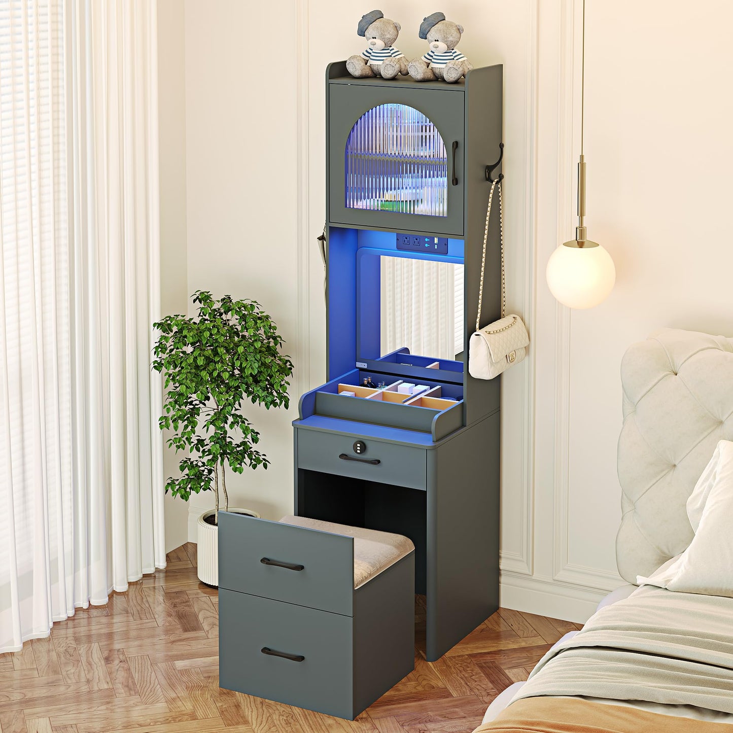 Makeup Vanity with Mirror and Lights, Vanity Desk with Drawers and Shelves, Makeup Desk with Storage Stool, Compact Vanity Table with Charging Station for Small Space, Grey
