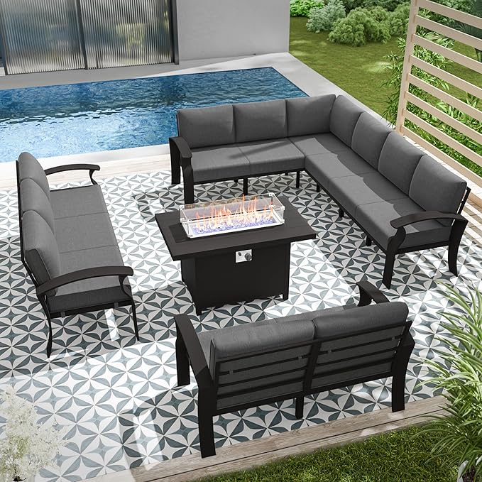 RTDTD Aluminum Outdoor Patio Furniture Set,11 Seats Patio Conversation Sets with 45" Propane Fire Pit Table,Metal Patio Sectional Furniture Set with 5.1" Thickened Cushions,Grey