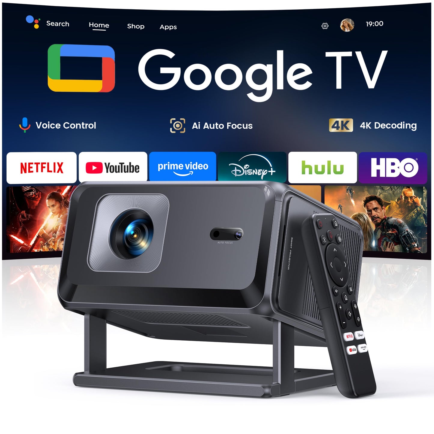 Smart Projector [Bundled with Google TV Stick & 4K Support] with WiFi and Bluetooth, Portable Mini Movie Short Throw Projector Outdoor with Built-in Apps Auto Focus for Home Theater Bedroom Ceiling