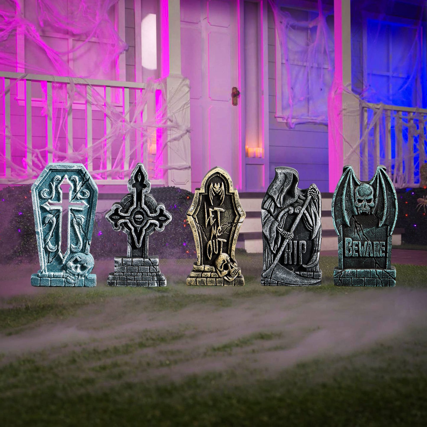 JOYIN 17” Halloween Decorations Outdoor Tombstones, 5 Pack Halloween Foam Graveyard Headstone Decorations with 12 Bonus Metal Stakes for Yard Lawn Outside Decor