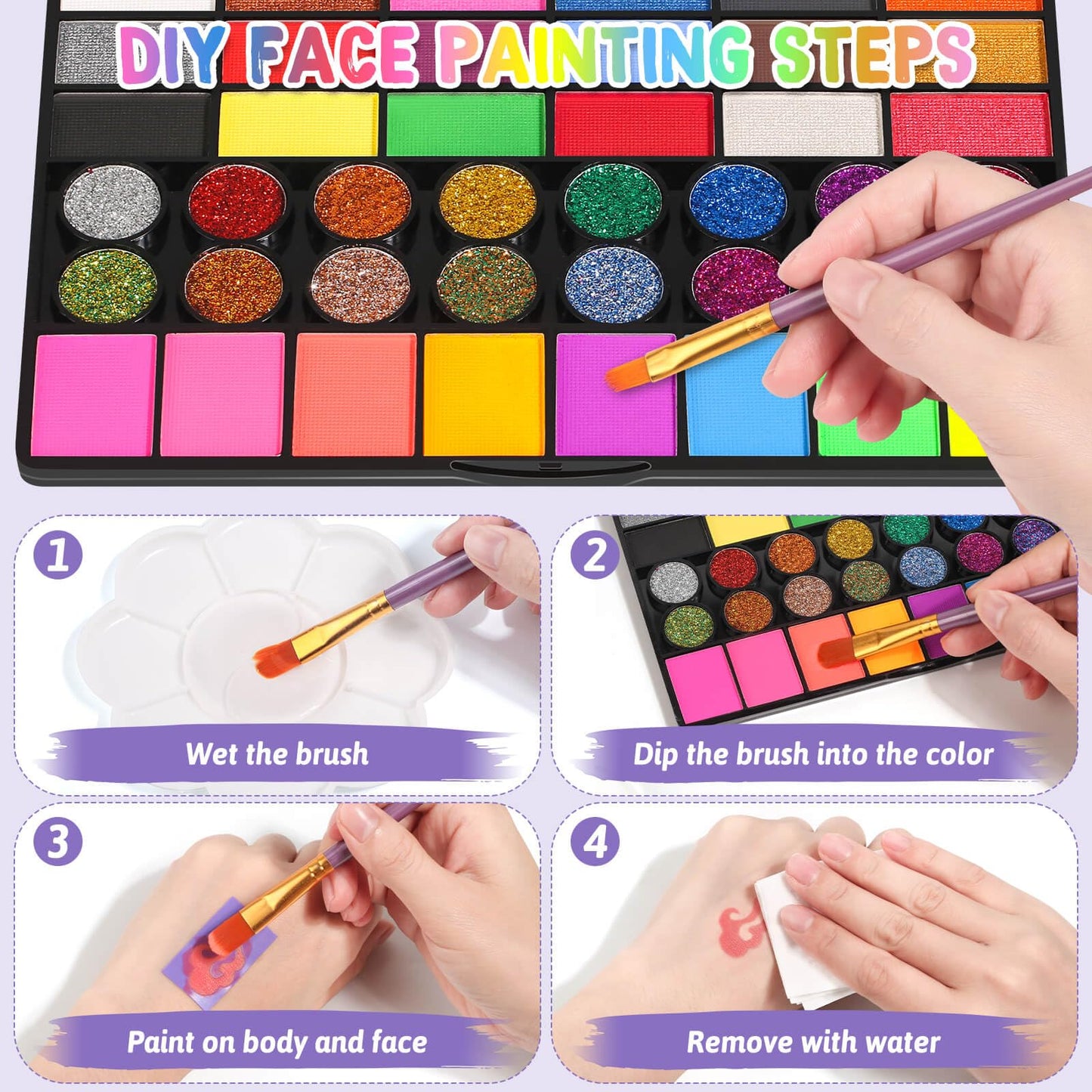 Flasoo Kids Face Painting Kit - 42 Non-Toxic Colors, 16 Crayons, 6 Reusable & 40 Sticky Stencils for Parties & Halloween