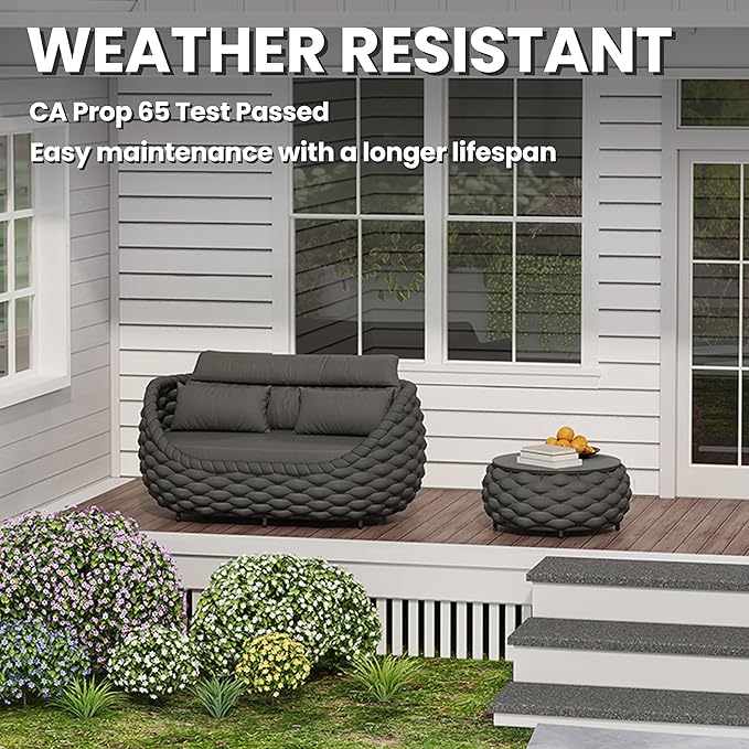 Erotr Patio Loveseat with Table: Aluminum Hand Woven Rope 2 Piece Patio Furniture Set - Cushioned Outdoor Seating Set - Modern Metal Lounge Set Assembled for Porch Balcony Deck Garden Hotel, Dark Grey