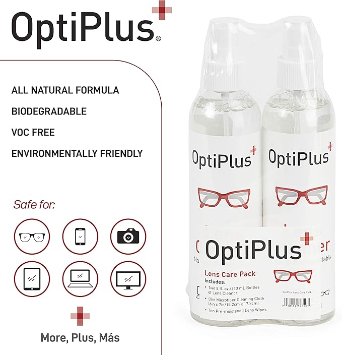 OptiPlus 16oz All Natural Lens and Screen Cleaning Pack, Lens Wipes, Microfiber Cloth and 16 x 16 Microfiber Terry Towel 3 Pack (Blue)