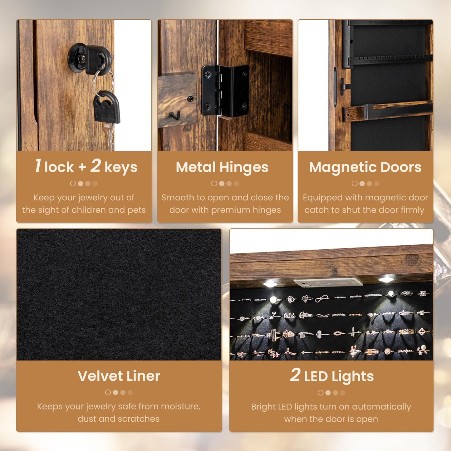 NAFORT 2 LEDs Full Length Mirror with Jewelry Armoire, Jewelry Organizers and Storage with 2 Mounting Options, 47.5”H Jewelry Cabinet with 2 Drawers, Make up & Lockable Jewelry Box, Rustic Brown